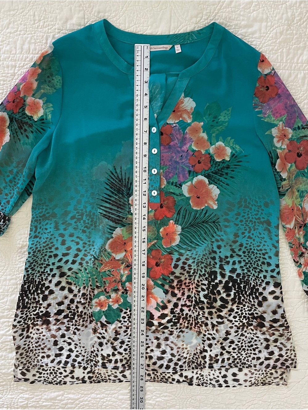 Soft Surroundings Teal Tropical Floral Cheetah Print Sheer Tunic Top Blouse Sz L - Picture 10 of 15